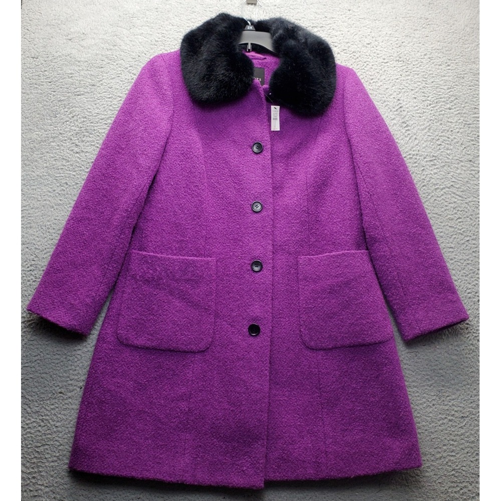 Talbots Winter Coat Women's L Purple Wool Removable Fur Trim Collar Button Front